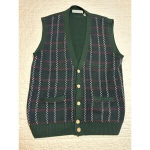 Izod Club Golf Vest Mens Large Blue Green Scotch Tartan Plaid button 100% COTTON